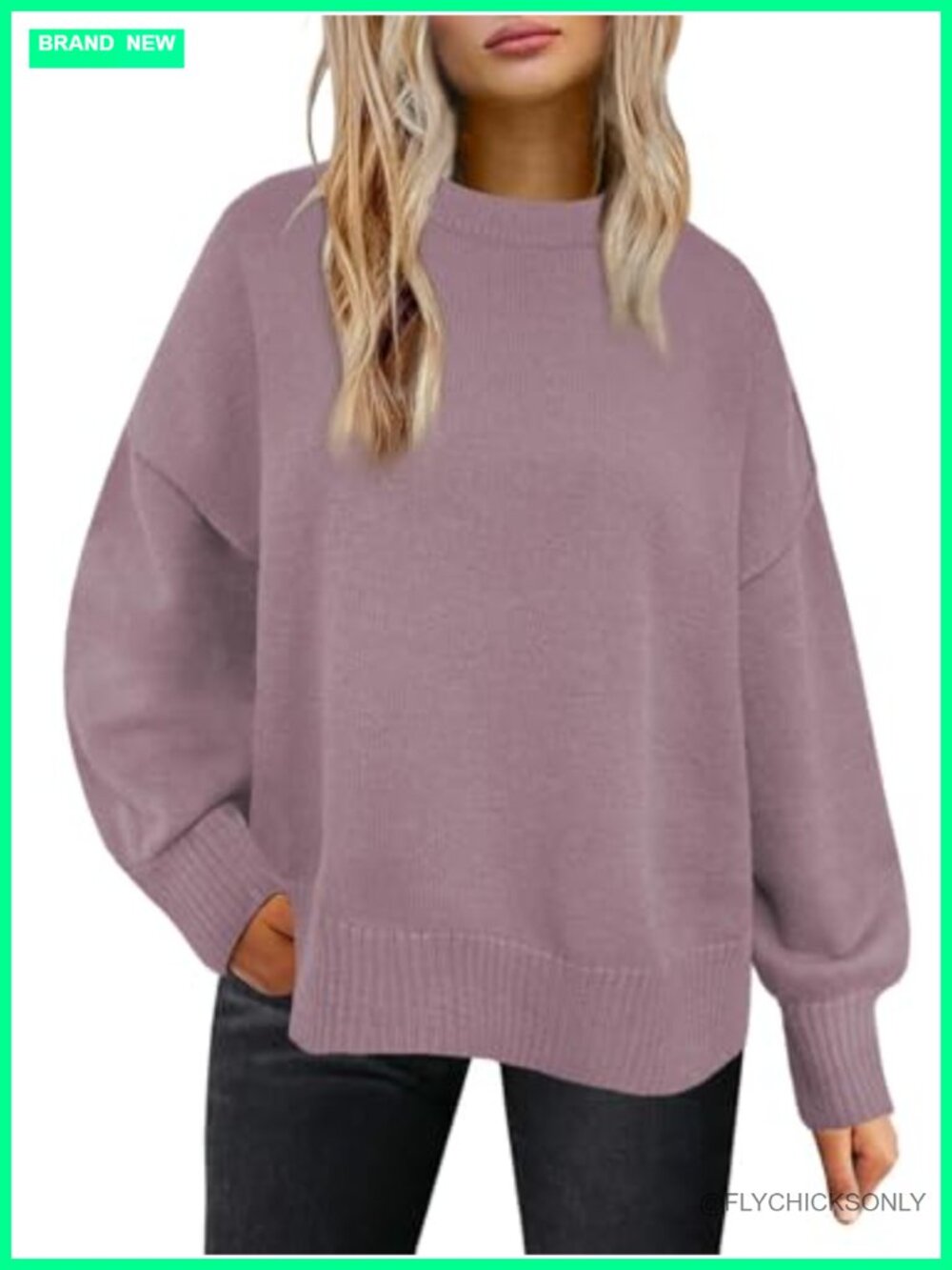 Oversized Fuzzy Knit Sweater Crewneck Side Slit Long Sleeve Tunic